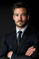 A confident man in a tailored suit stands with arms crossed, embodying professionalism and determination against a dark backdrop.