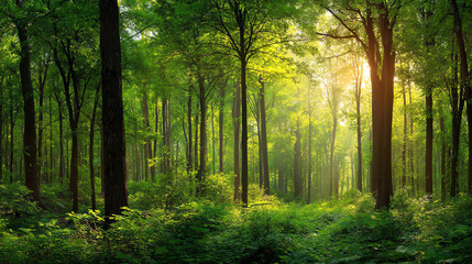 Obraz premium Sunlit Forest Pathway in a Lush Green Forest