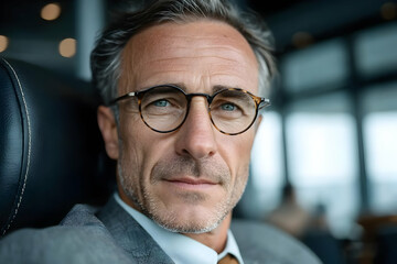 A confident middle-aged man in glasses and a suit, sitting in a modern office. His expression exudes focus and professionalism amidst a corporate setting.