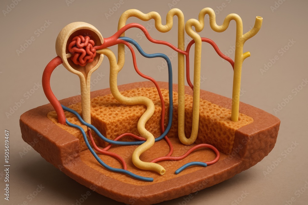 Poster detailed model illustrating the intricate design and functions of the human kidney with colorful tub