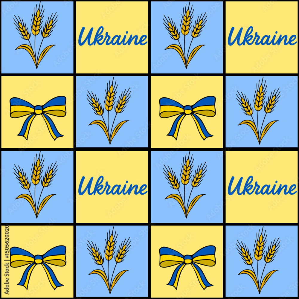 Poster seamless vector pattern featuring ukrainian wheat ears and ribbon bows in yellow and blue, creating 