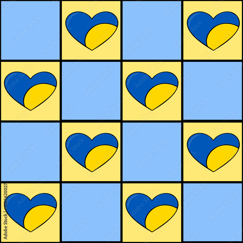 Poster seamless vector pattern of blue and yellow hearts arranged in a checkerboard design on a pastel back