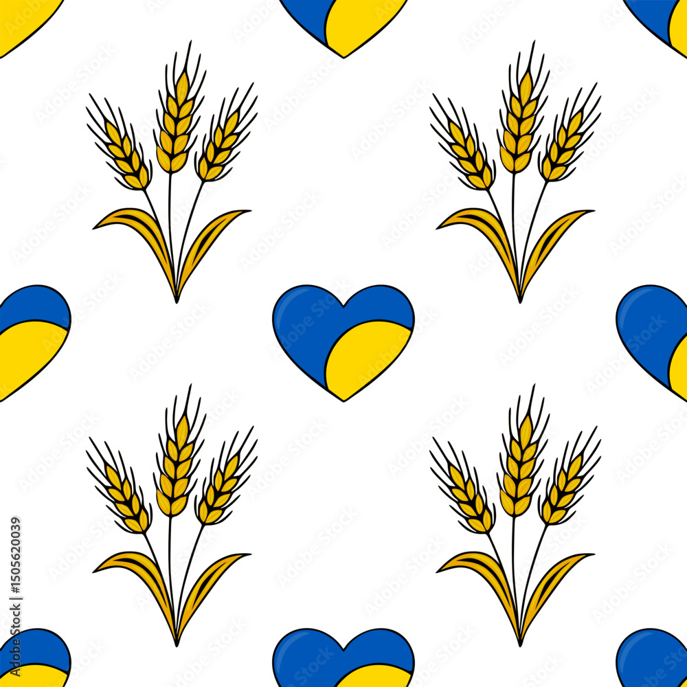 Poster seamless vector pattern featuring stylized wheat stalks and ukrainian flag hearts, creating a vibran