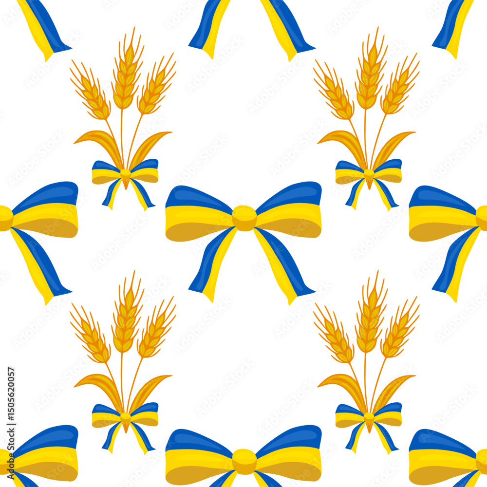 Poster seamless vector pattern featuring stylized wheat stalks and ukrainian flag-colored bows, creating a 