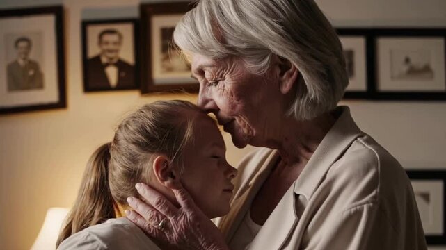 Emotional moment between grandmother and granddaughter &mdash; senior woman kissing child&rsquo;s forehead at home, generational love and family bond