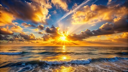 Fototapeta premium Dramatic sunrise over vast ocean with warm golden light spreading across the waves, creating a sense of serenity and peacefulness , natural beauty, sunbeams
