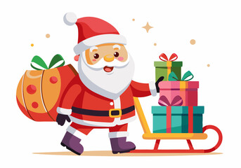 cute Santa Claus carrying sleigh with gift boxes. Santa Claus brought gifts for Holidays. Christmas delivery concept and white background