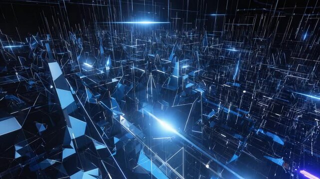 Abstract 3d render of a futuristic cyber cityscape with geometric shapes and glowing blue light effects