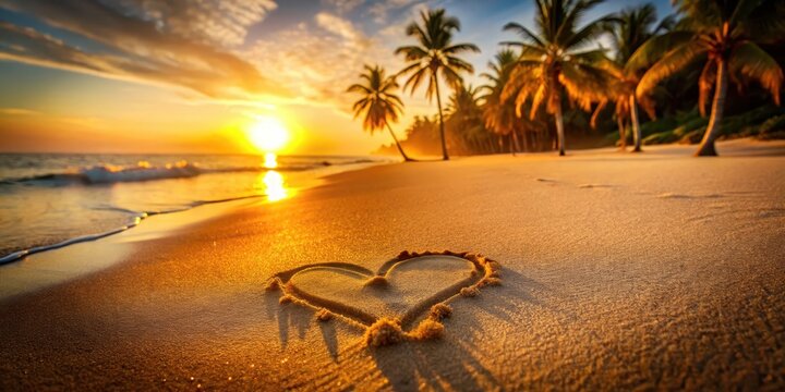 A delicate handprint of a heart in the sand on a serene beach at sunset with soft golden light filtering through palm trees, serenity, beach