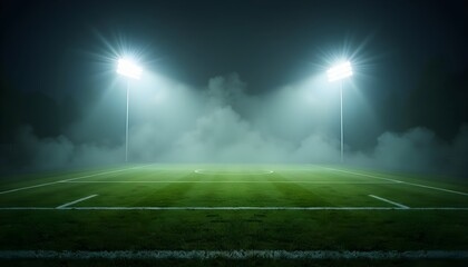 A soccer field at night with two floodlights illuminating the grass and a foggy atmosphere