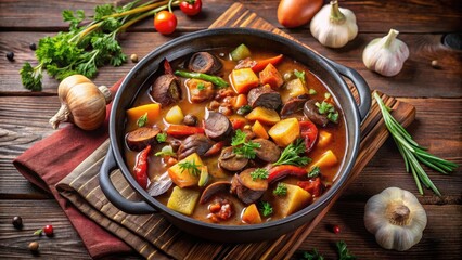 Hearty stew with roasted vegetables and mushrooms in a rich broth, roasted, hearty,  roasted, hearty, ingredients, wholesome