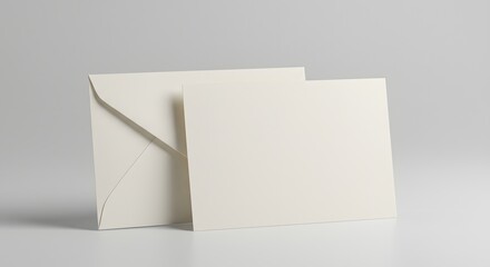 A simple, elegant, blank invitation card with a matching envelope, suggesting an upcoming event, on a stark white background