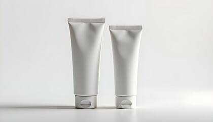 Two white tubes of cream or lotion placed side by side on a plain light background