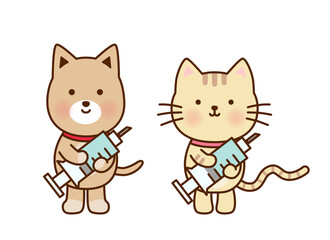 Fototapeta premium 注射器を持ったかわいい犬と猫のイラスト