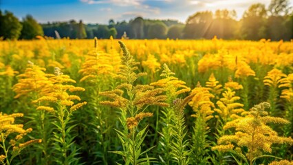 Field of bright yellow goldenrod Solidago flowers in a sun-drenched meadow surrounded by tall grasses and wildflowers