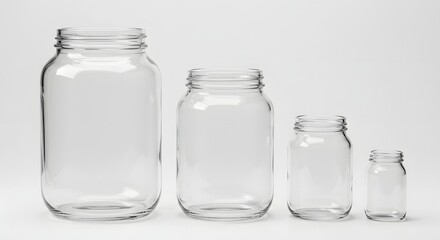 Three transparent, empty glass jars of different sizes, arranged in a row on a clean white background