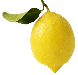 Large whole yellow lemon with water droplets on a branch with a leaf