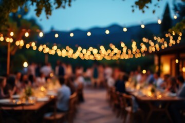 Romantic outdoor garden wedding celebration at night with blurred string lights, minimalist textured background featuring guests dancing under trees and enjoying buffet dinner, elegant evening event w
