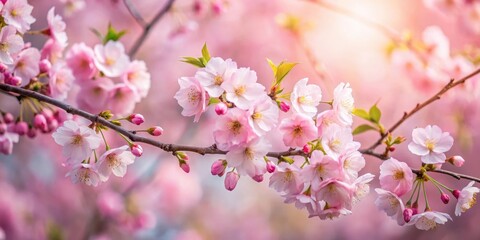 Soft pink cherry blossoms gently sway in the gentle spring breeze on a serene backdrop of blooming trees #CherryBlossomBlooms