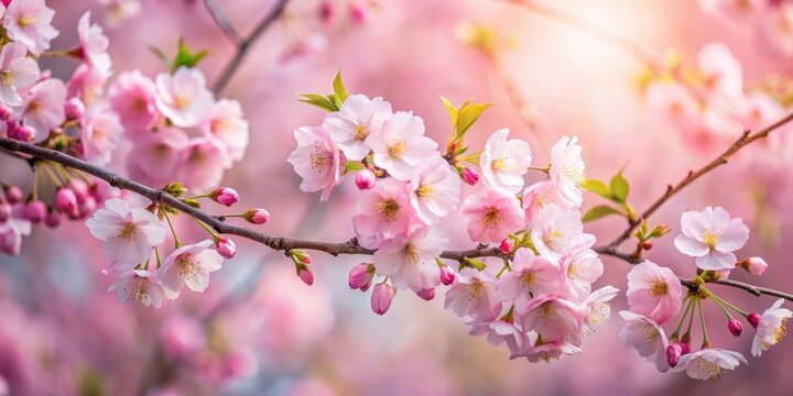 Soft pink cherry blossoms gently sway in the gentle spring breeze on a serene backdrop of blooming trees #CherryBlossomBlooms