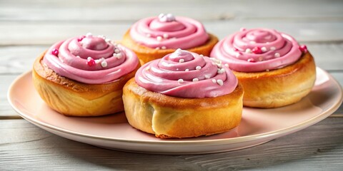 Close-up of three delicious cinnamon rolls with pink icing on a plate, frosting, baked desserts ,  frosting, baked desserts