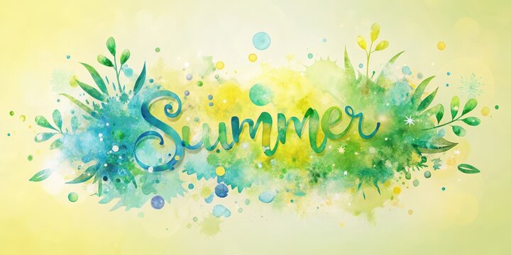 Whimsical abstract summer-themed typography on pastel yellow background, with splashes of blue and green hues, evoking feelings of carefree joy and sunny days , pastel yellow, summer vibes - Powered by Adobe