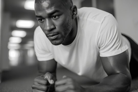A determined man holds a plank position, emphasizing strength and concentration in a monochrome setting that captures his commitment to fitness and self-improvement. - Powered by Adobe