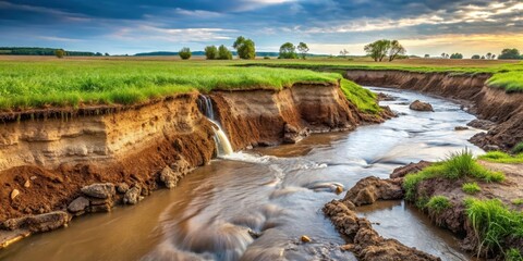 A fast-moving water stream erodes the soil in a rural field, revealing layers of earth and sediment , natural process, landscape deterioration