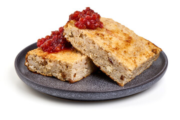 Baked Rice Casserole with jam, isolated on White Background.