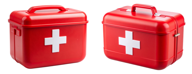 Compact Red First Aid Kit with White Cross Symbol, isolated on transparent background PNG