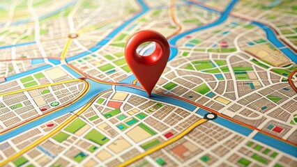 Detailed map of a city with a red pin indicating a specific location, business location, navigation,  business location