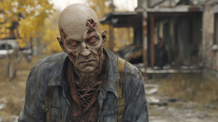 Naklejka premium A zombie with red eyes, bald head, and scars, wearing a dirty denim jacket, stands in a desolate, autumn-themed environment.