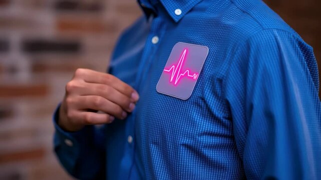 Man blue shirt wears glowing electronic heart monitor patch chest, showcasing wearable healthcare technology and smart patch innovation for remote patient monitoring, with futuristic digital health