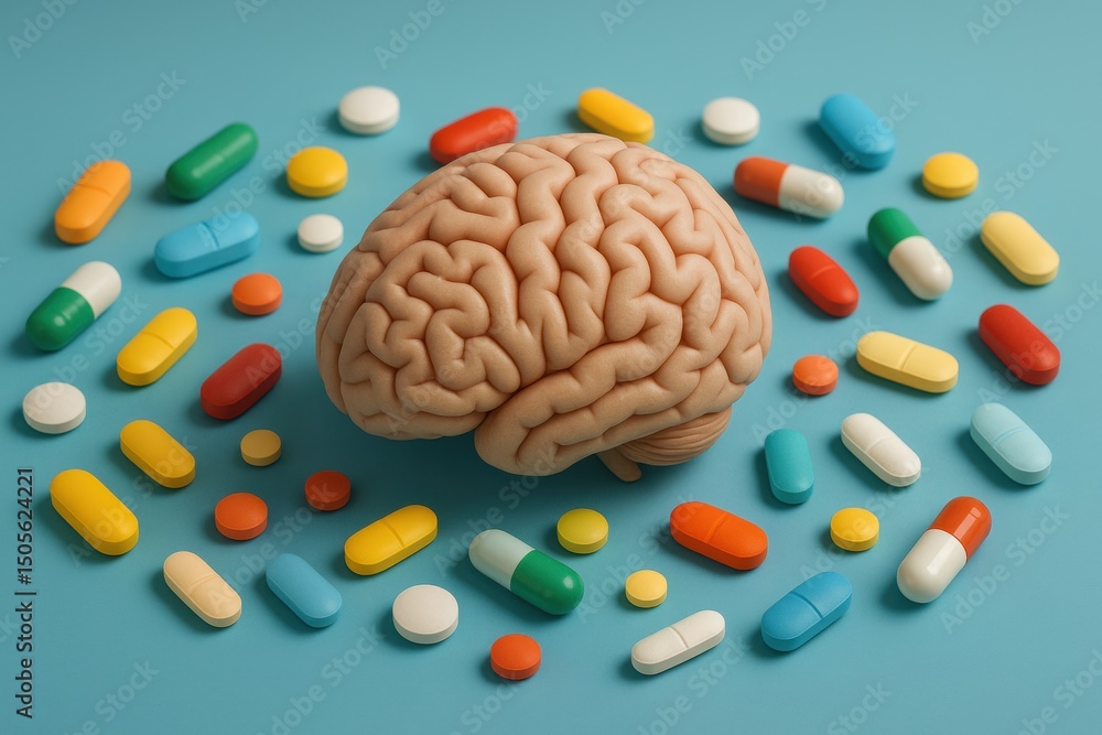 Poster brain model surrounded by various colorful pills and capsules on a blue background showcasing the re