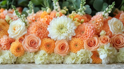 Vibrant Floral Arrangement with Peaches, Whites, and Greens