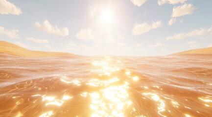 Golden sunlight glints on calm, rippling water, extending to sandy dunes under a partly cloudy sky
