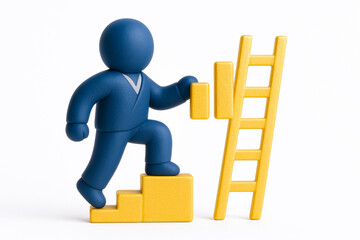 Blue figurine of person climbing stairs made of yellow blocks towards ladder, symbolizing progress and success business, with positive
