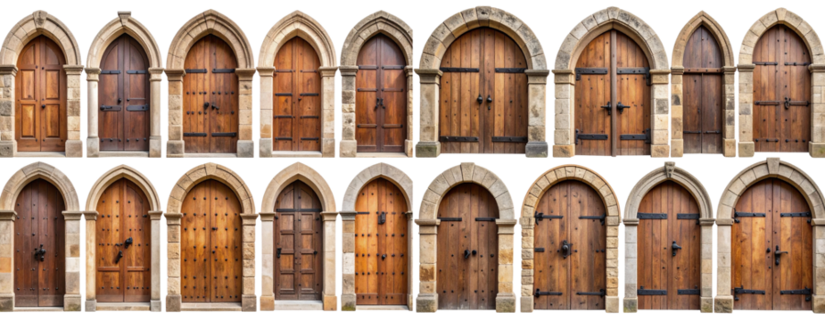  Collection of Historic Stone Archways and Aged Wooden Doors, Architectural Elements Isolated on Transparent Background PNG