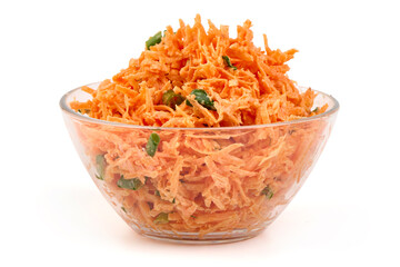Fresh Carrot Salad with Herbs in Glass Bowl Isolated on White Background