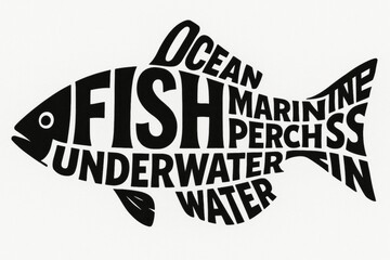 Obraz premium Creative Artwork Featuring Various Terms Related to Oceanic Fish in a Dynamic Design Showcasing the Marine Environment