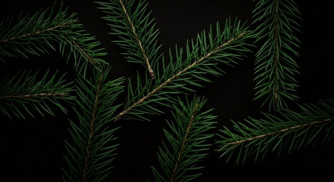 Close-up of evergreen branches arranged on a dark background, creating a minimalist, natural pattern ideal for holiday or nature themes. - Powered by Adobe