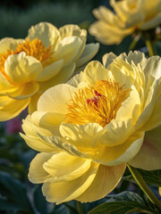 Obraz premium Stunning yellow peonies showcase their beauty in the soft glow of natural sunlight, a gorgeous scene.
