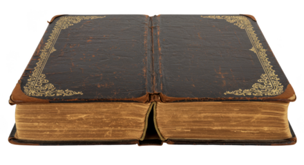 Isolated Open Vintage Book with Gold Details and Brown Leather Cover