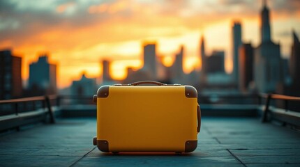 Yellow suitcase on a rooftop in NYC at sunset.