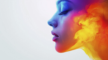 A side profile of a woman’s face with closed eyes, blending into vibrant, colorful smoke-like patterns.