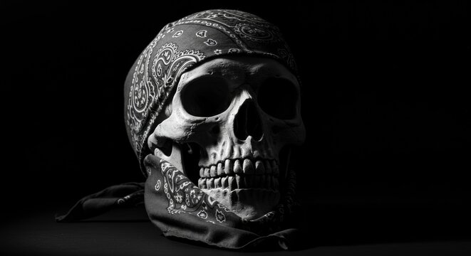Dramatic skull in bandana shadow play intense gaze memento mori