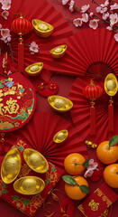 Chinese New Year decorative items displayed on red background. Gold ingots, lanterns, fans, and oranges arranged with festive blossoms.