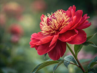 Captivating view of a lush red peony in its full bloom, perfect for spring and summer vibes.