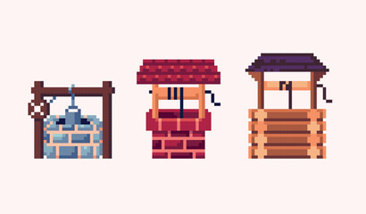 Water well pixel art set. 8 bit. Game development, mobile app. Isolated vector illustration.