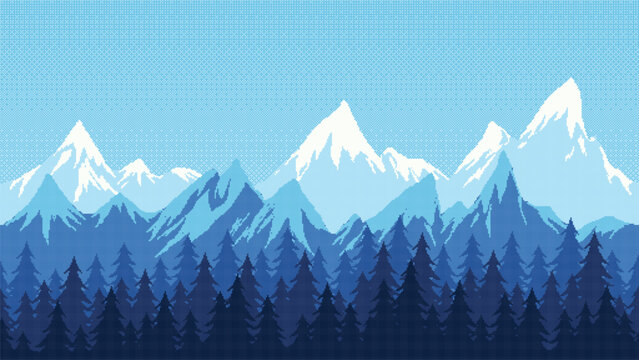  Mountains, blue field pixel art landscape. Pine tree forest, snowcapped peaks scenery.  8 bit. Game development, mobile app. Isolated vector illustration.